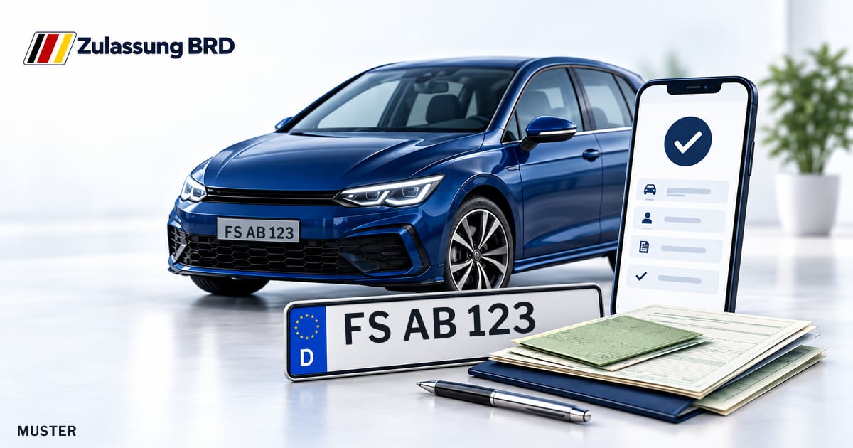 Online Fahrzeugzulassung in Landkreis Freising: Musterkennzeichen FS AB 123, Auto und Fahrzeugpapiere und Smartphone. Illustration mit Logo von Zulassung BRD.